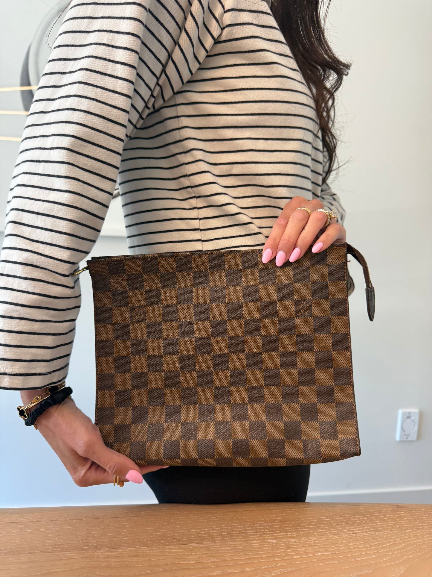 Authentic Louis Vuitton Toiletry 26 in damier ebene with red interior $985 + tax retail!