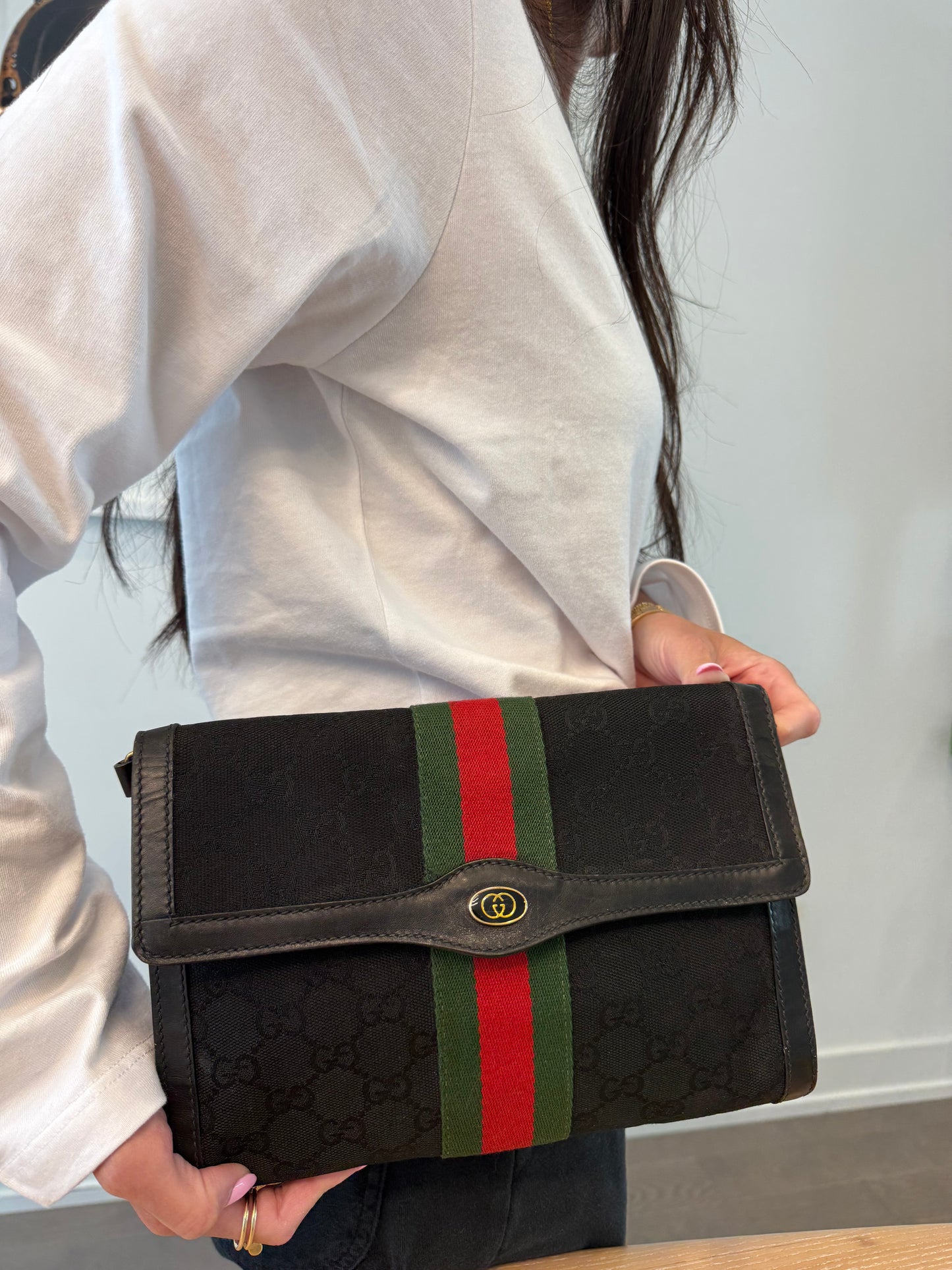 Authentic Gucci Ophidia black GG original strap crossbody clutch with red interior ! Fits phones wallets etc