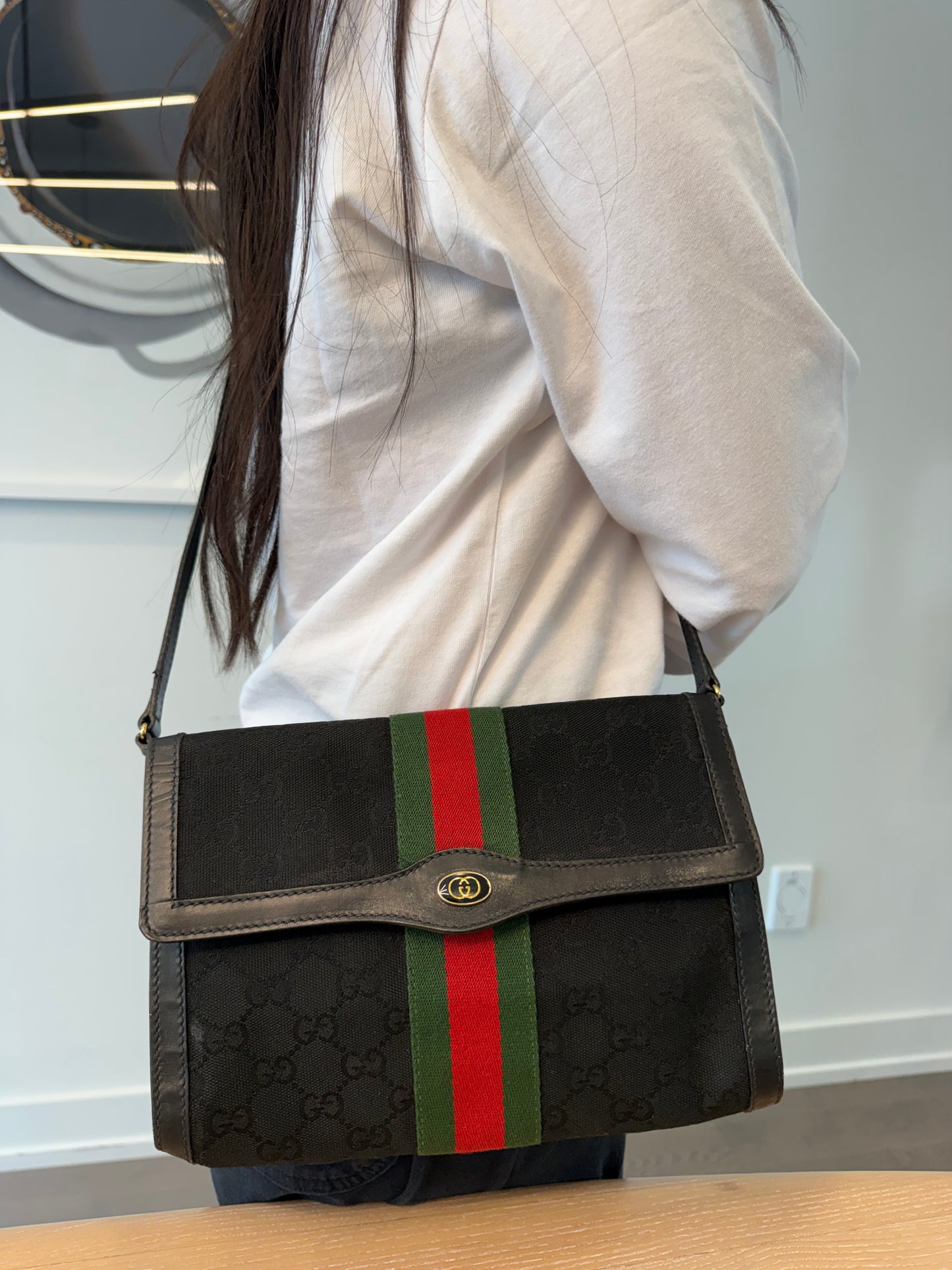 Authentic Gucci Ophidia black GG original strap crossbody clutch with red interior ! Fits phones wallets etc