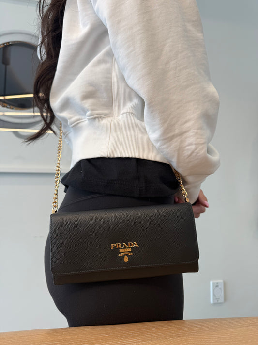 Authentic Prada Saffiano wallet with added removeable strap in box fits phones cards cash coins etc retail $1420 absolute pristine preloved condition