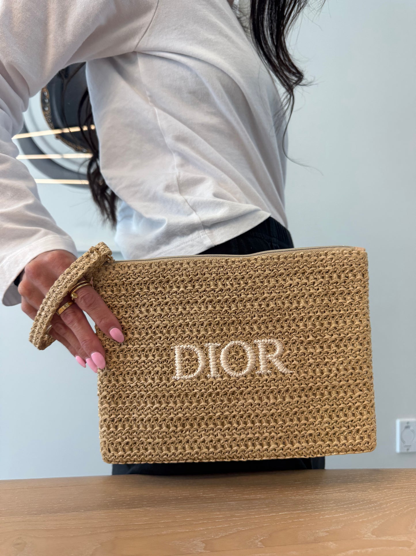 Authentic Dior raffia Wristlet Clutch brand new in box fits phones wallets keys makeup etc