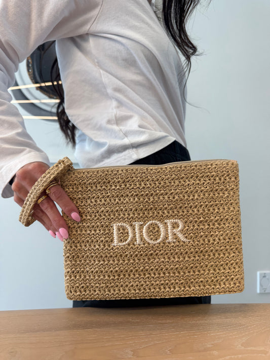 Authentic Dior raffia Wristlet Clutch brand new in box fits phones wallets keys makeup etc