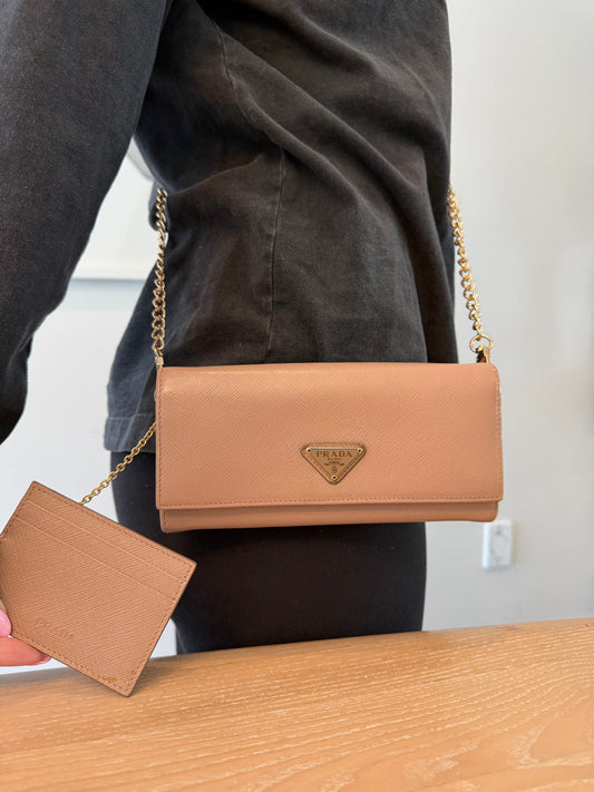 Authentic Prada Saffiano Nude / Gold full size wallet with removeable original cardholder in box !!! Fits phones cards cash etc retail $1420 plus tax !