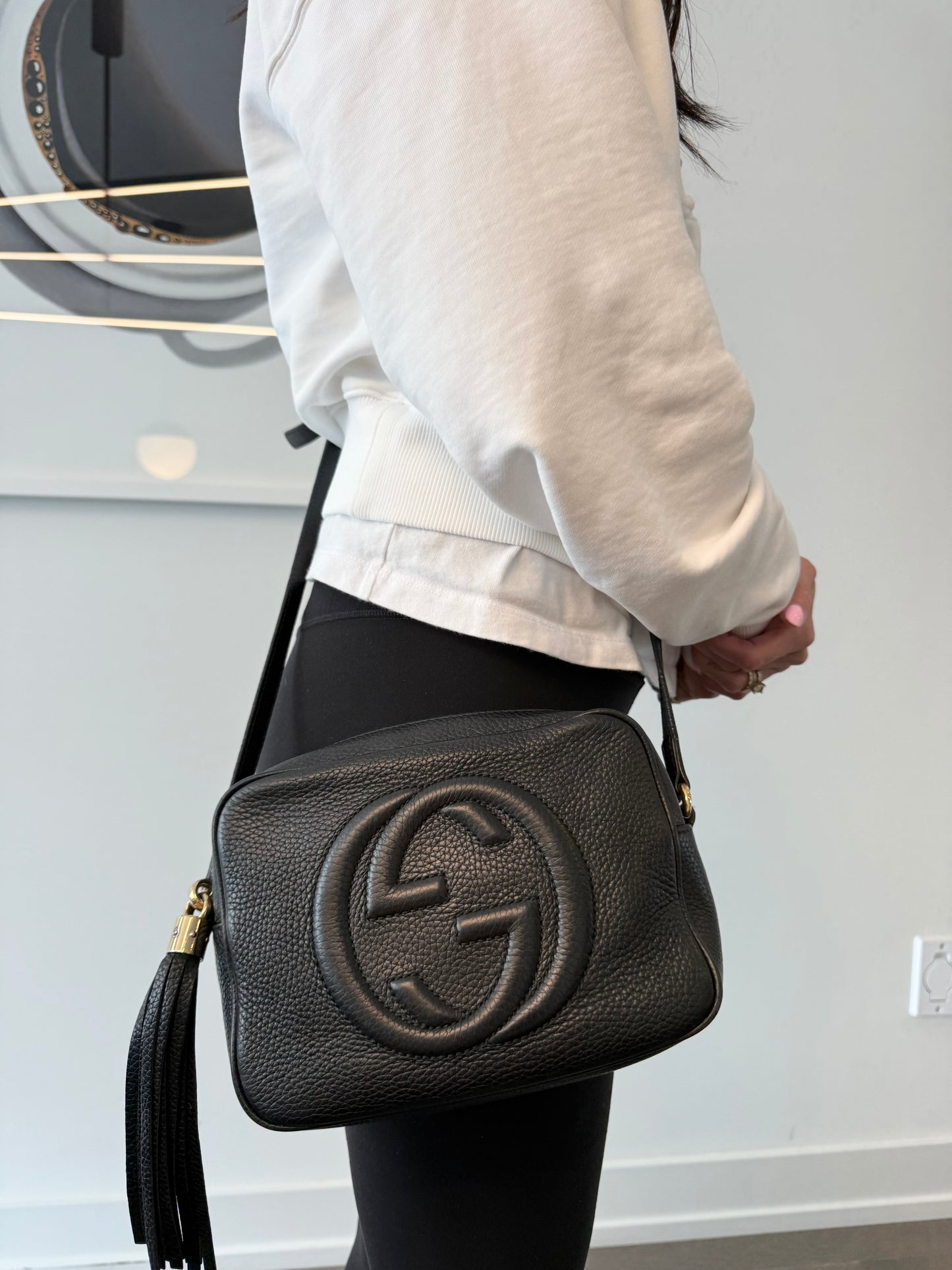 Authentic Gucci adjustable Strap Tassle Soft Leather SoHo Crossbody bag in gorgeous preloved condition inside and out ! Fits phones keys makeup wallets etc ! Retail $2500