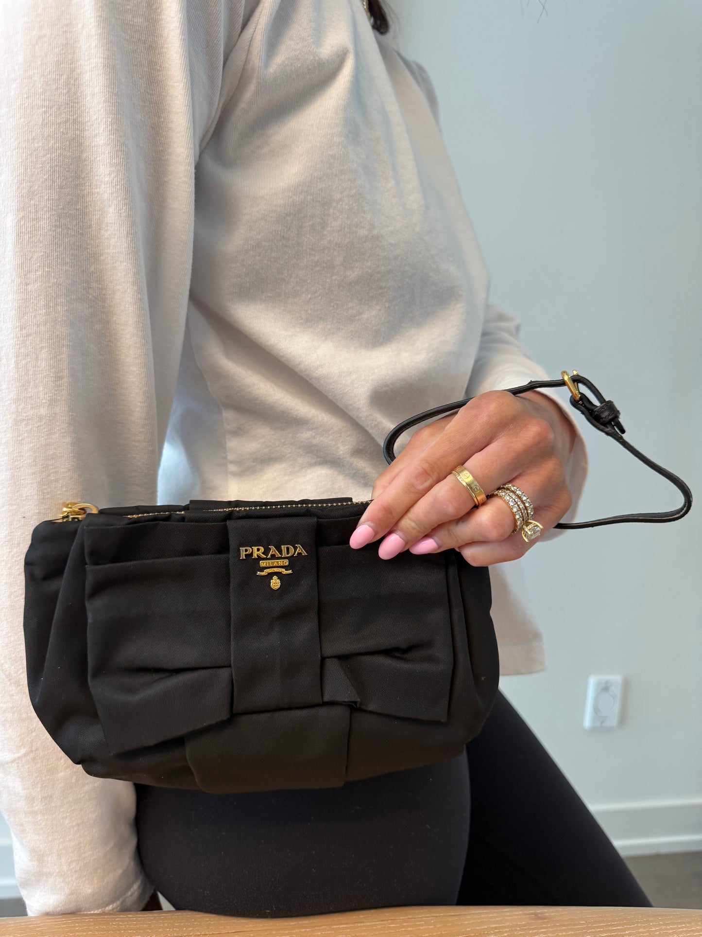 Authentic Prada Satin Shoulder Wristlet with gold added strap pink interior gorgeous condition inside and out fits phones keys makeup etc