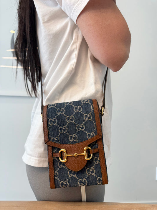 Authentic Gucci Denim GG Brown Leather Horsebit Adjustable Strap Crossbody in brand new condition! Retail was over $2500 new !