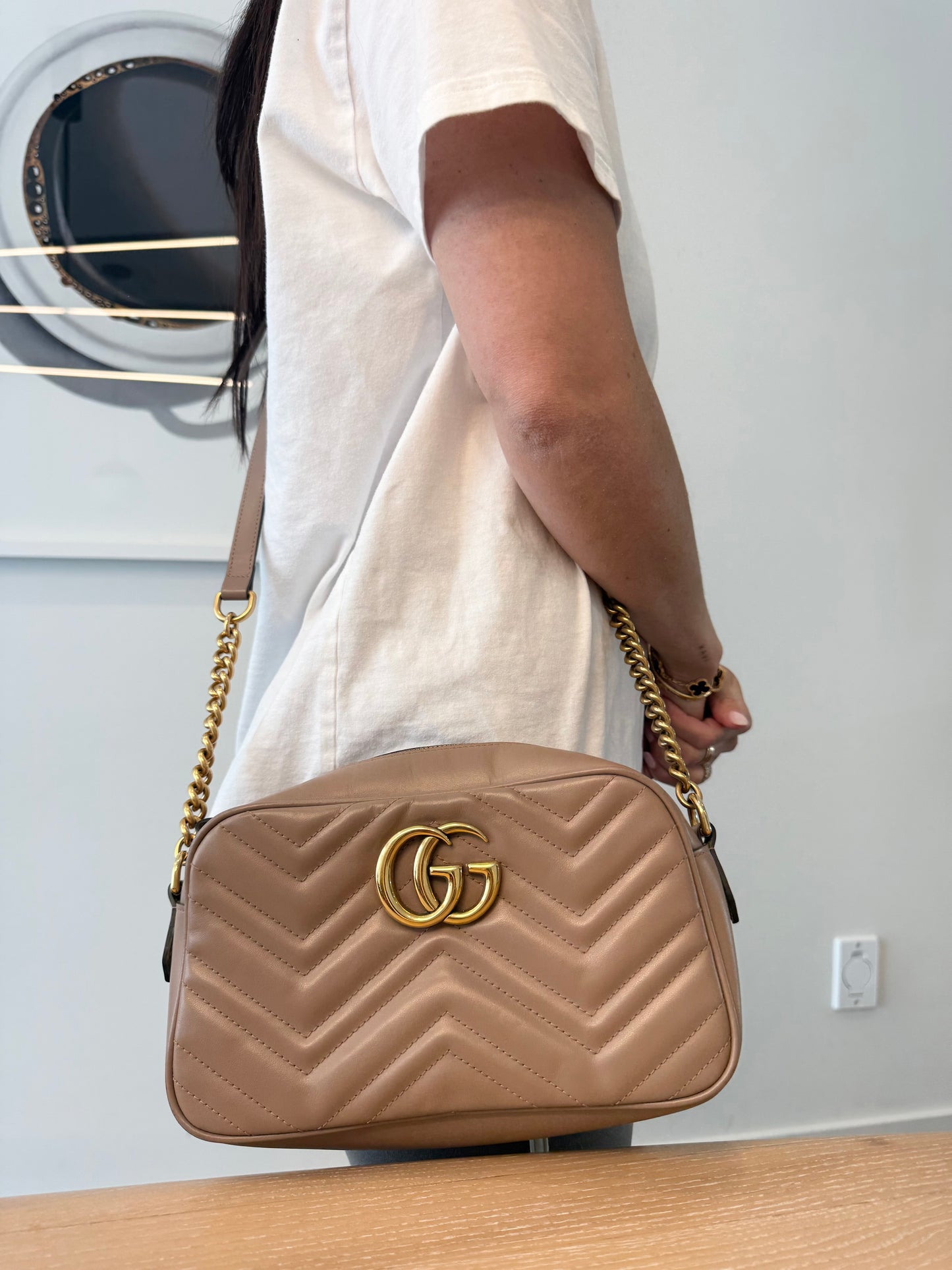 Authentic Gucci Marmont Chevron Nude / Gold Adjustable Strap Crossbody Bag ! Pristine condition! Retail is $2500 plus tax !