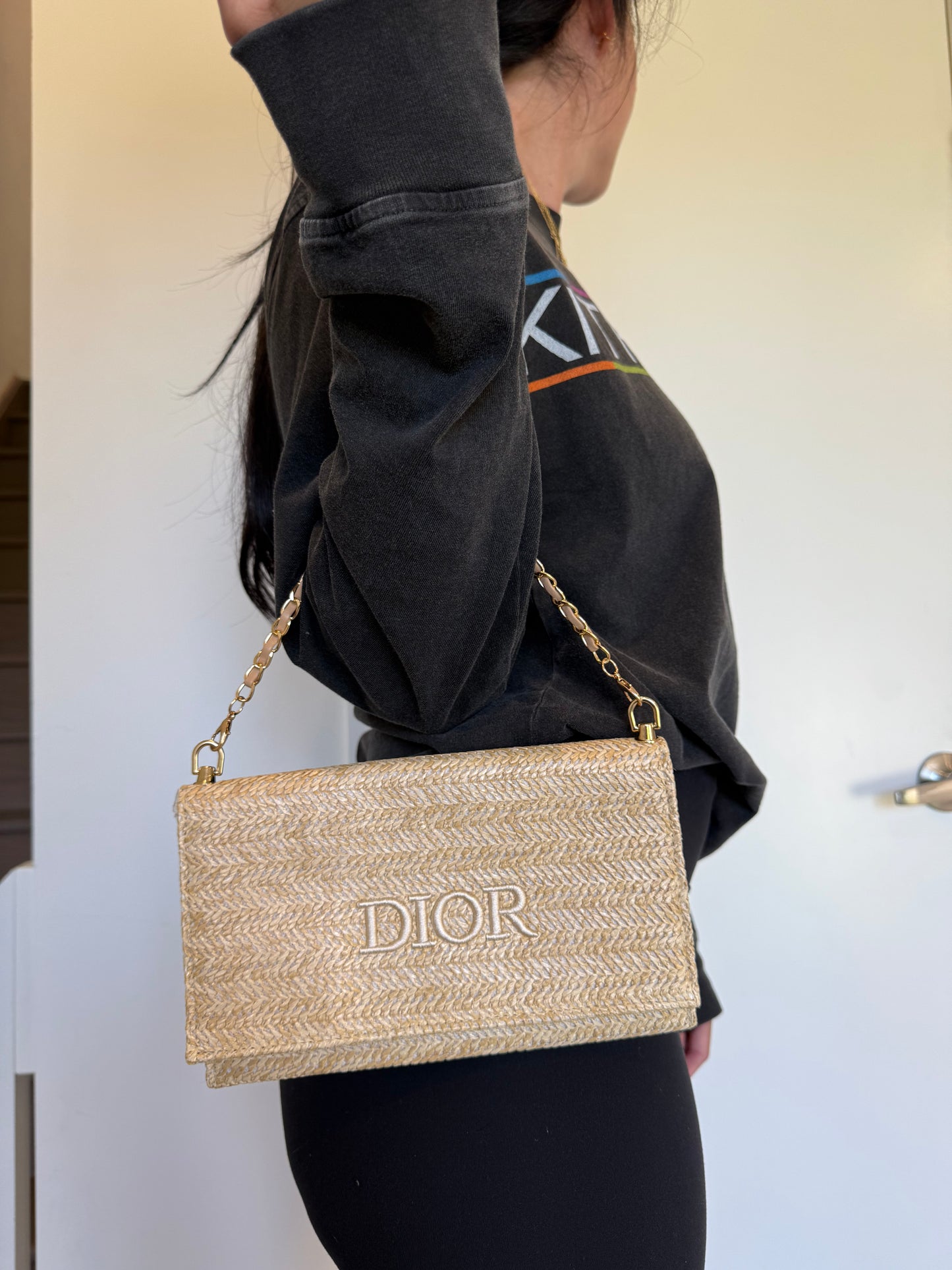 New in box Dior raffia magnetic closure crossbody clutch with 2 added straps fits phones keys wallets makeup etc