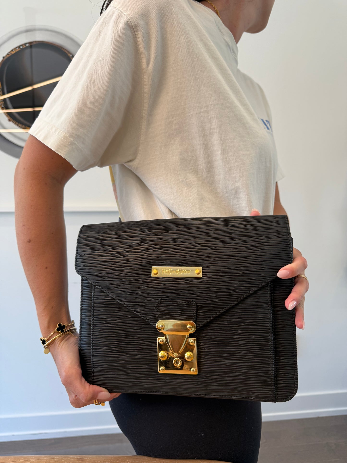 Yves Saint Laurent epi black and gold crossbody clutch with 2 straps in absolute pristine condition and extremely heavy duty