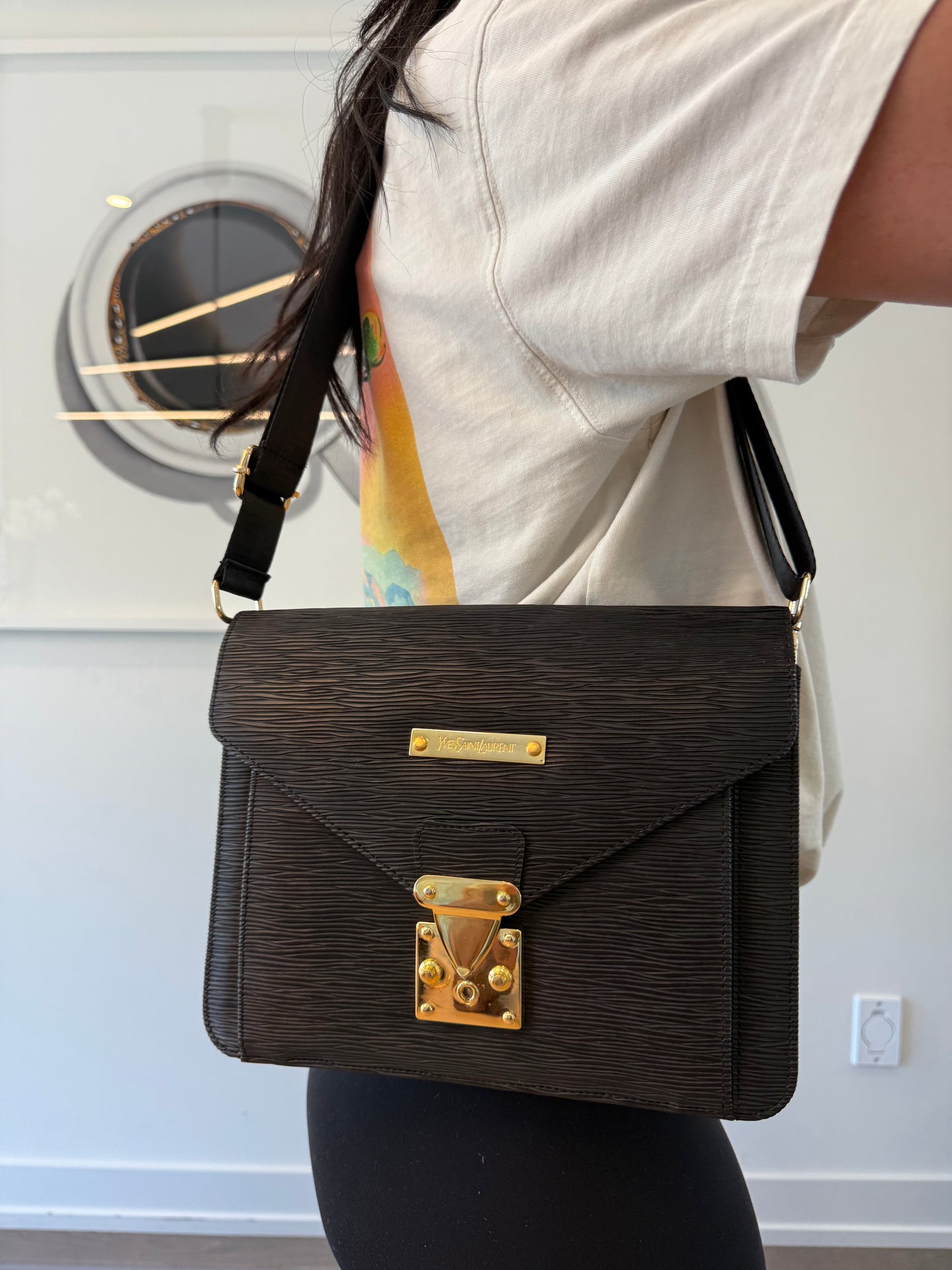 Yves Saint Laurent epi black and gold crossbody clutch with 2 straps in absolute pristine condition and extremely heavy duty