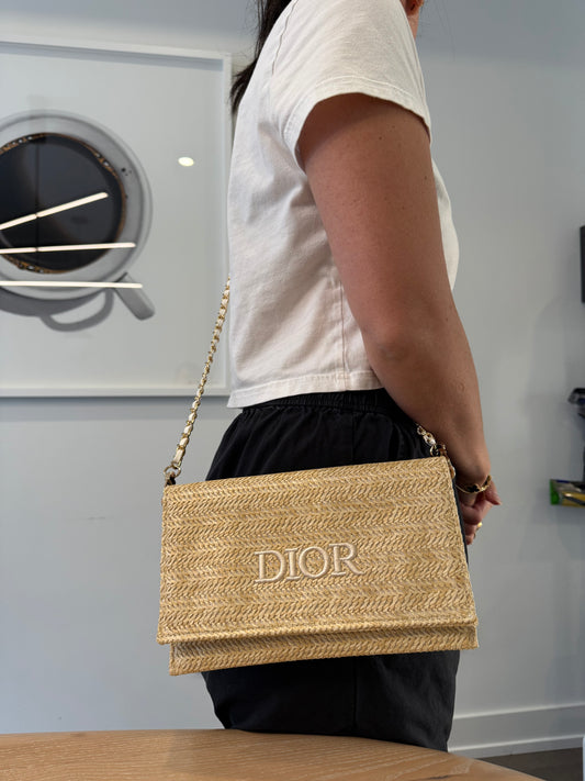 Brand new Dior raffia beauty magnetic closure zipper inside crossbody clutch vip piece fits phones keys makeup wallets etc