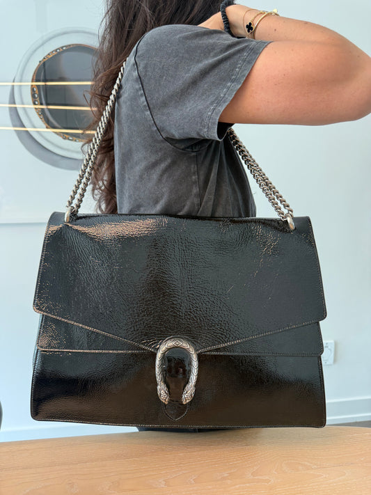 Authentic Gucci Patent Black and silver Jumbo Dyonsus with 2 way strap! 9.5/10 condition she retailed for $7500!! Unbelievable condition