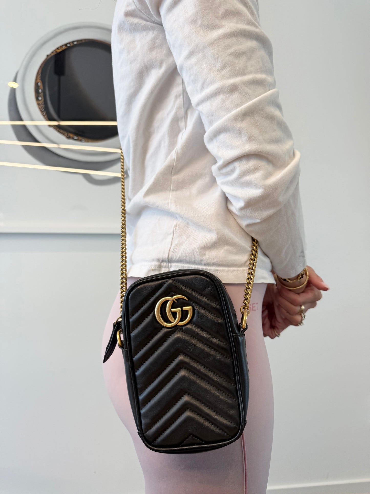 Authentic Gucci Marmont Zipper top Vertical Camera Cell phone Bag with heavy duty original chain strap and dustbag! Absolutely pristine preloved piece inside and out fits all phones etc !