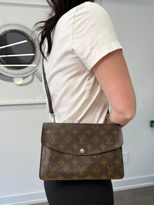 Louis Vuitton monogram rabit double sided crossbody clutch with original crossbody matching monogram strap fits phones wallets keys makeup etc