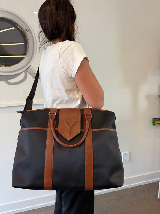 Yves Saint Laurent heavy duty thick nylons brown leather magnetic closure zipper top 2 way crossbody duffle carryon with original adjustable strap!
