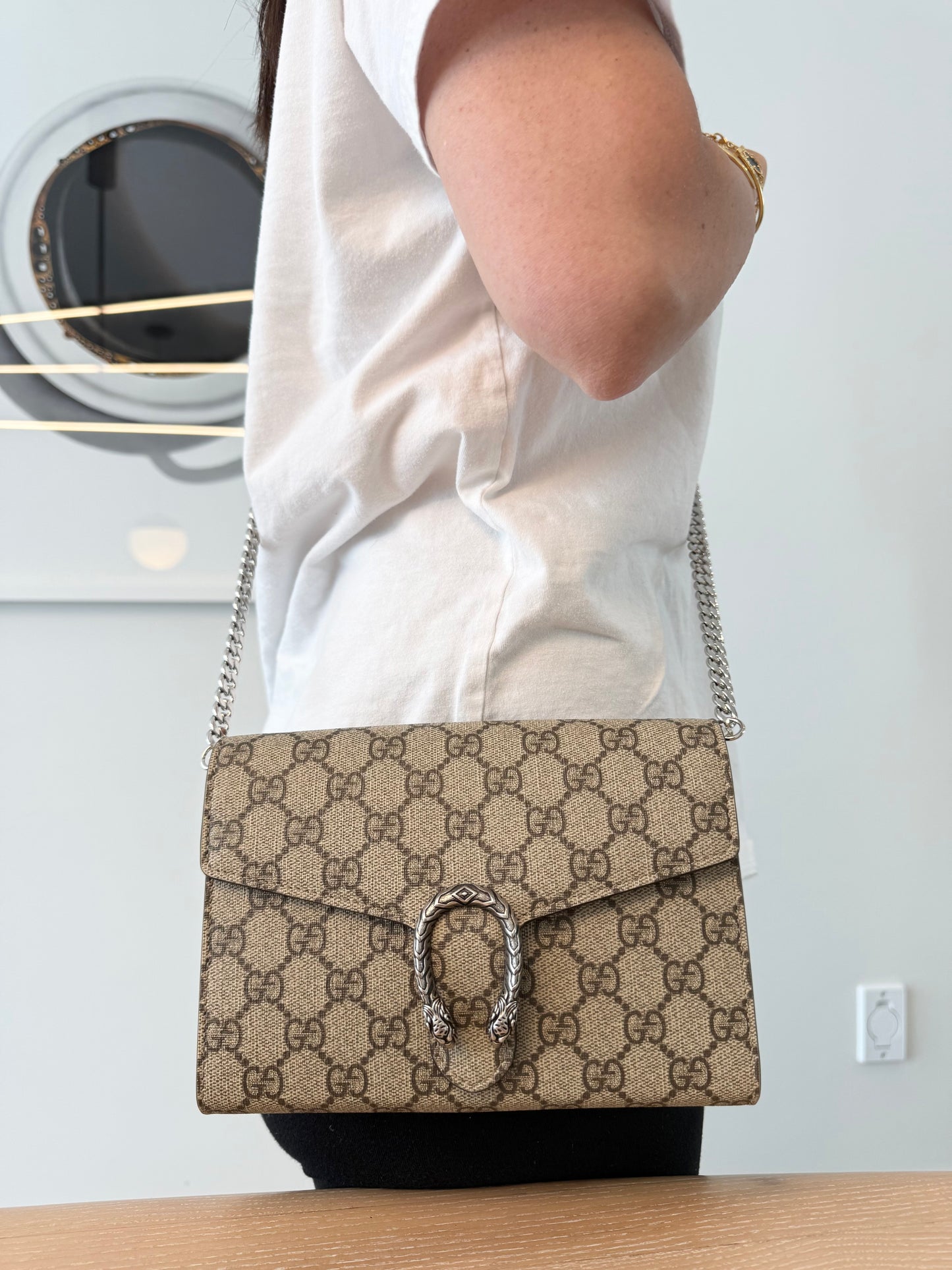 Authentic Gucci White / Rhinestone Dionysus WOC with added removeable strap! Literally like new inside and out. 9.5/10 condition! Retail is currently $2495 + tax fits phones keys cash coins cards makeup etc