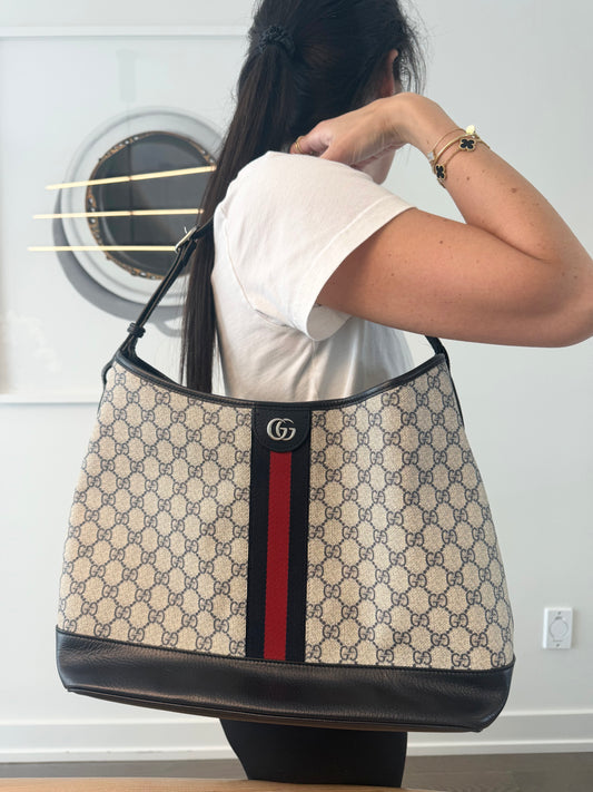 Authentic Gucci Supreme Blue Web Ophidia Magnetic Closure Adjustable Shoulder Tote retail $5000 absolute pristine condition inside and out ! 50% off retail