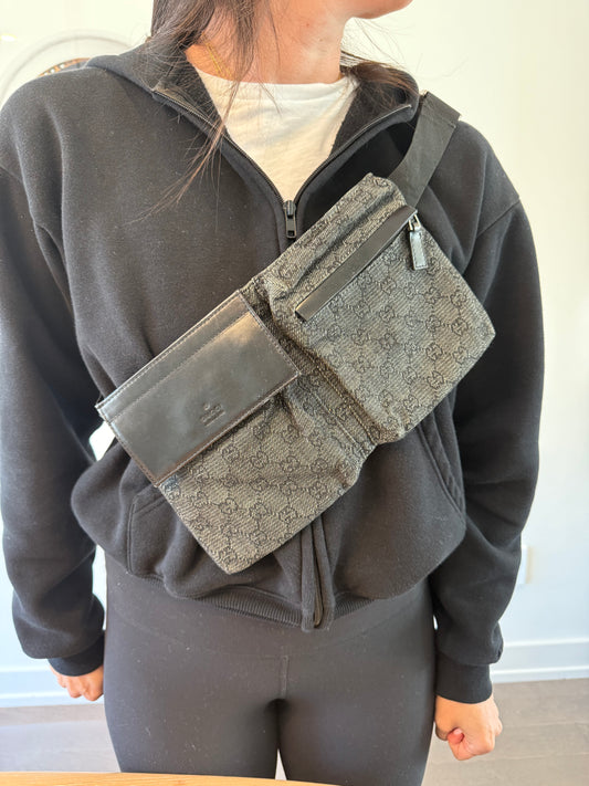 Rare Gucci Jean Black Denim adjustable strap unisex crossbody waistband with original dustbag in gorgeous condition!
