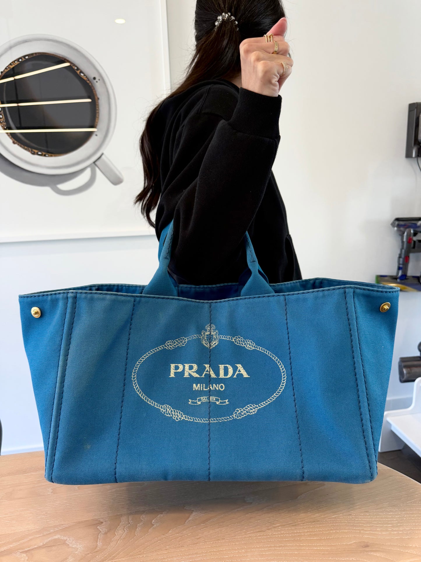 Rare Prada Capana heavy duty blue/gold large beach bag top handle speedy with original dustbag!