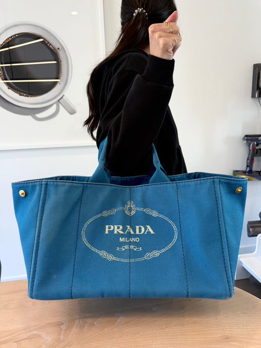 Rare Prada Capana heavy duty blue/gold large beach bag top handle speedy with original dustbag!