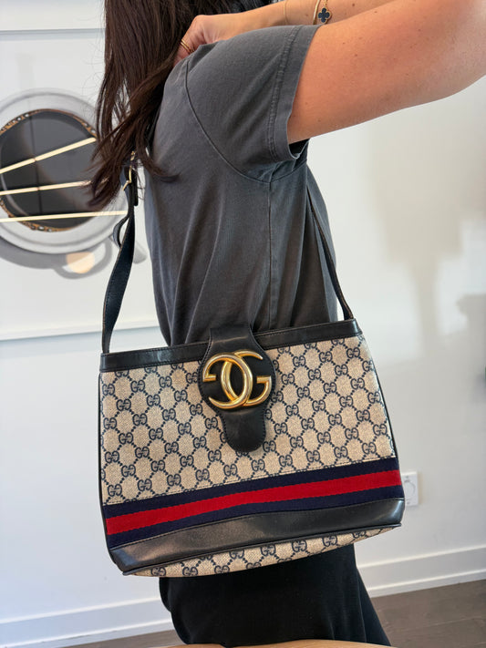 Rare Gucci blue web navy supreme Ophidia crossbody shoulder bag heavy duty with GG button closure! Fits phones keys makeup wallets water bottles etc