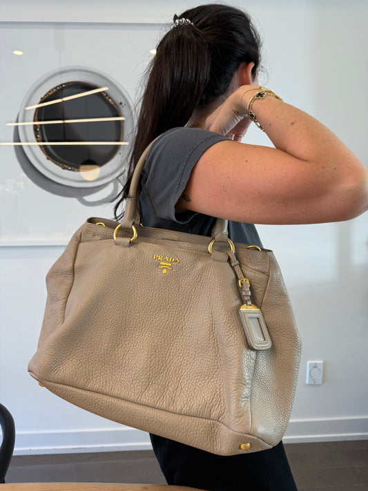 Prada caviar soft leather heavy duty taupe/gold multiple compartment shoulder bag in absolute gorgeous condition inside and out ! Retail $3000 new !