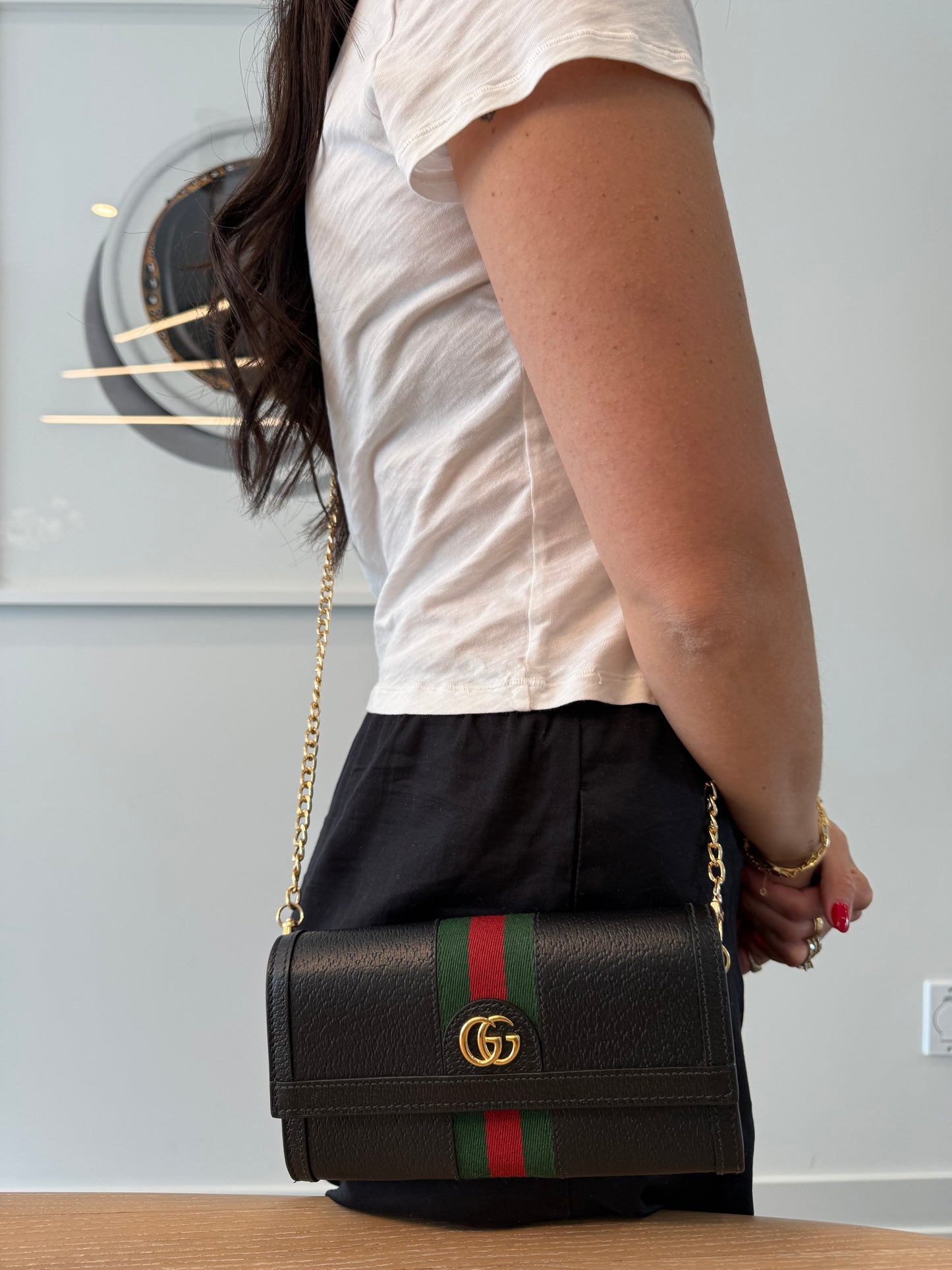 Gucci Ophidia black leather xl wallet with 2 added straps and original box ! Absolutely pristine inside and out ! Phones cards cash coins etc fit