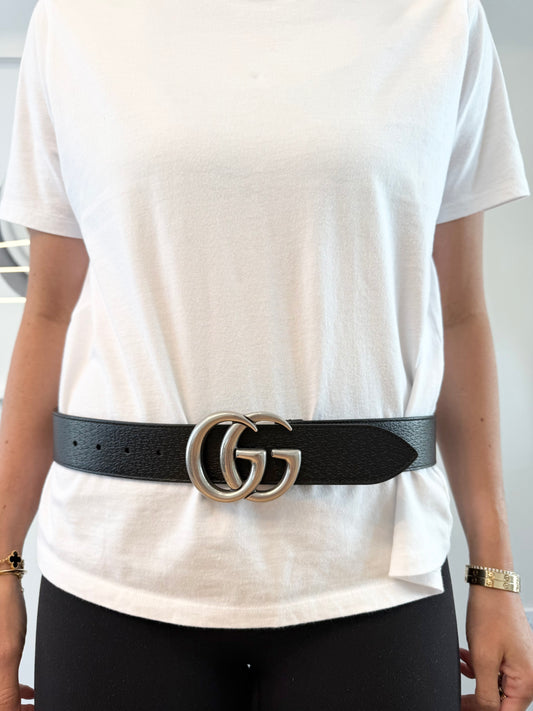 Authentic Gucci Marmont Silver Wide Belt size 80 fits xs s and m client paid over $1000! Pristine preloved condition