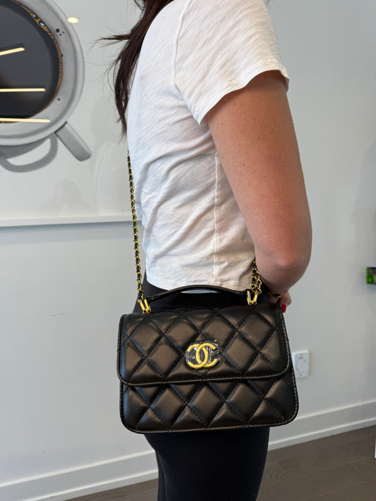 Brand New Chanel quilted top handle black/gold medium Makeup crossbody!! Fits phones keys makeup etc this is a vip piece that’s complimentary to high purchase clients , not a $15,000 bag