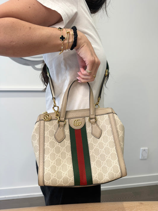 Authentic Gucci Supreme Top Handle Ophidia Speedy Bandolier with bi colour original adjustable strap Crossbody Strap! Current $3245+ tax . Limited edition set !