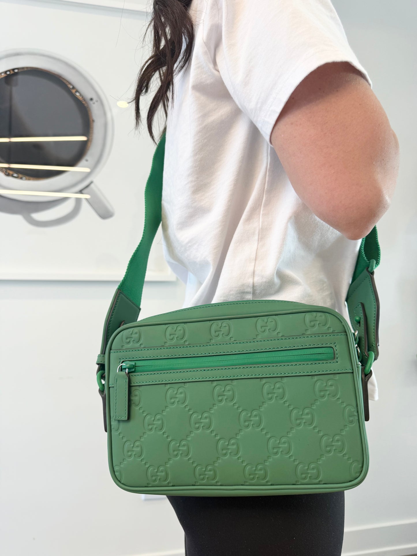 Authentic Gucci Guccisima Green adjustable original strap crossbody unisex messenger with original Gucci wristlet ! Retail $3500! 9.5/10 condition