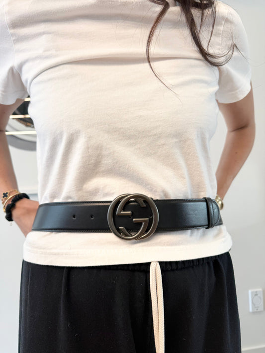 Authentic Gucci Disco Gunmetal logo belt size 85 fits xs s and m like new condition retail is $850 plus tax !