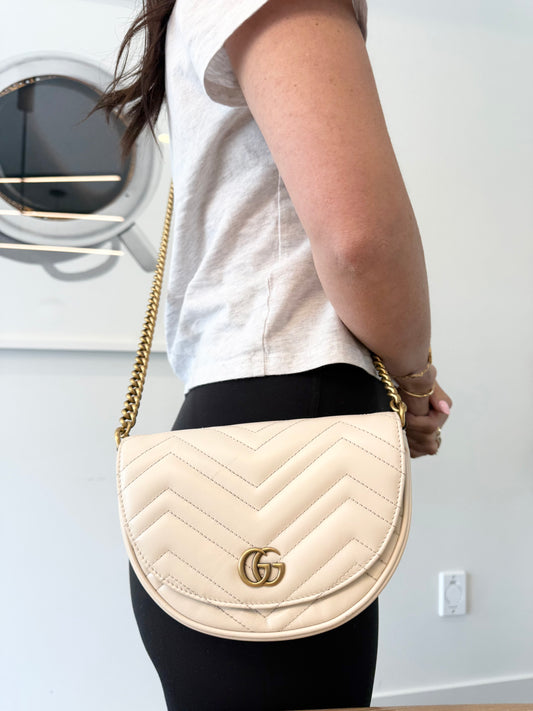Authentic Gucci Marmont Crème/Gold original thick crossbody strap half moon retail $2500!