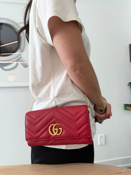 Gucci Marmont red/gold flap xl wallet with added strap ! Retail $1150 plus tax!!! Fits phones cards cash coins etc