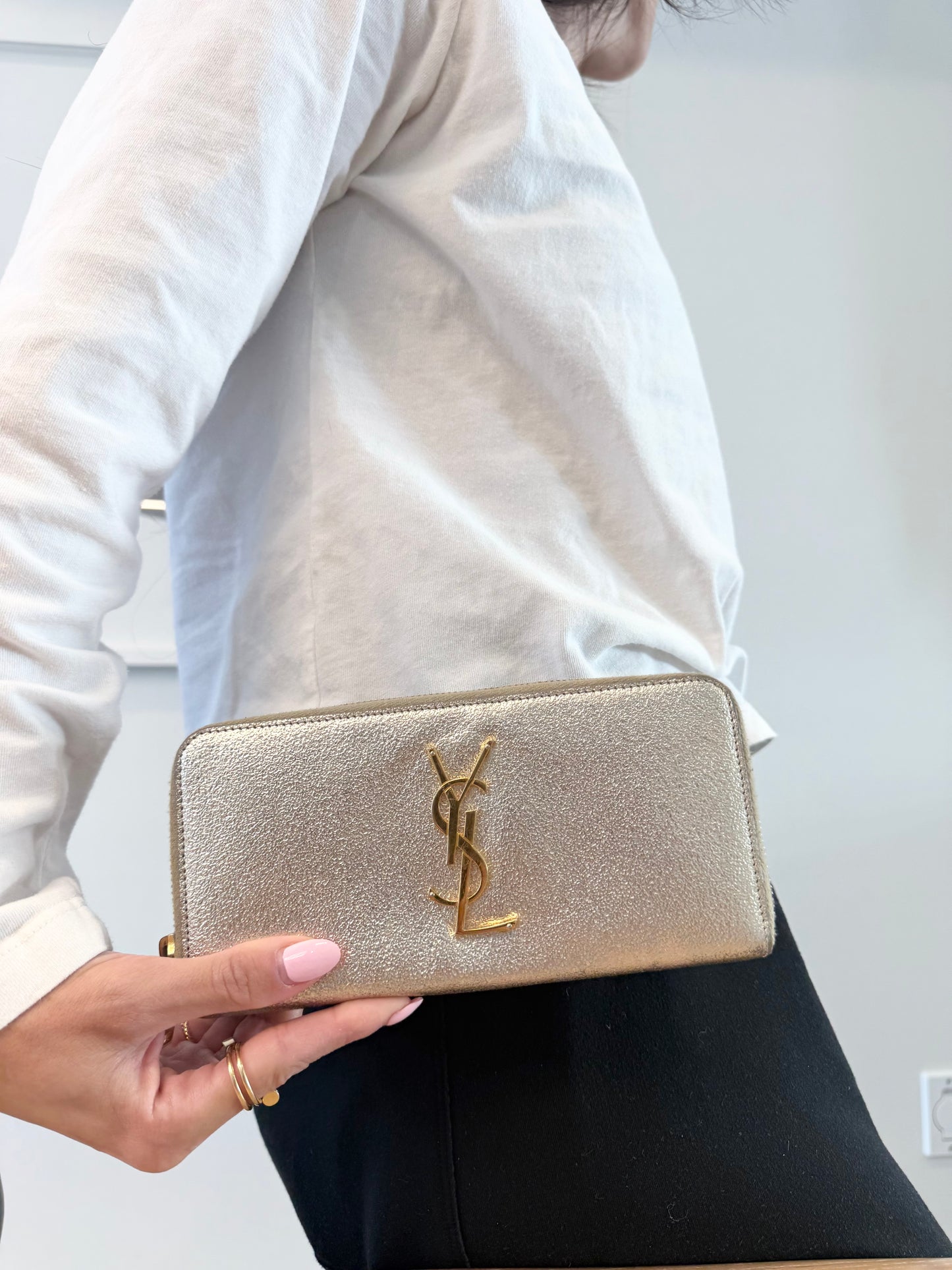 Authentic Yves Saint Laurent Metallic Silver Gold Logo zip around ! Retail $1200