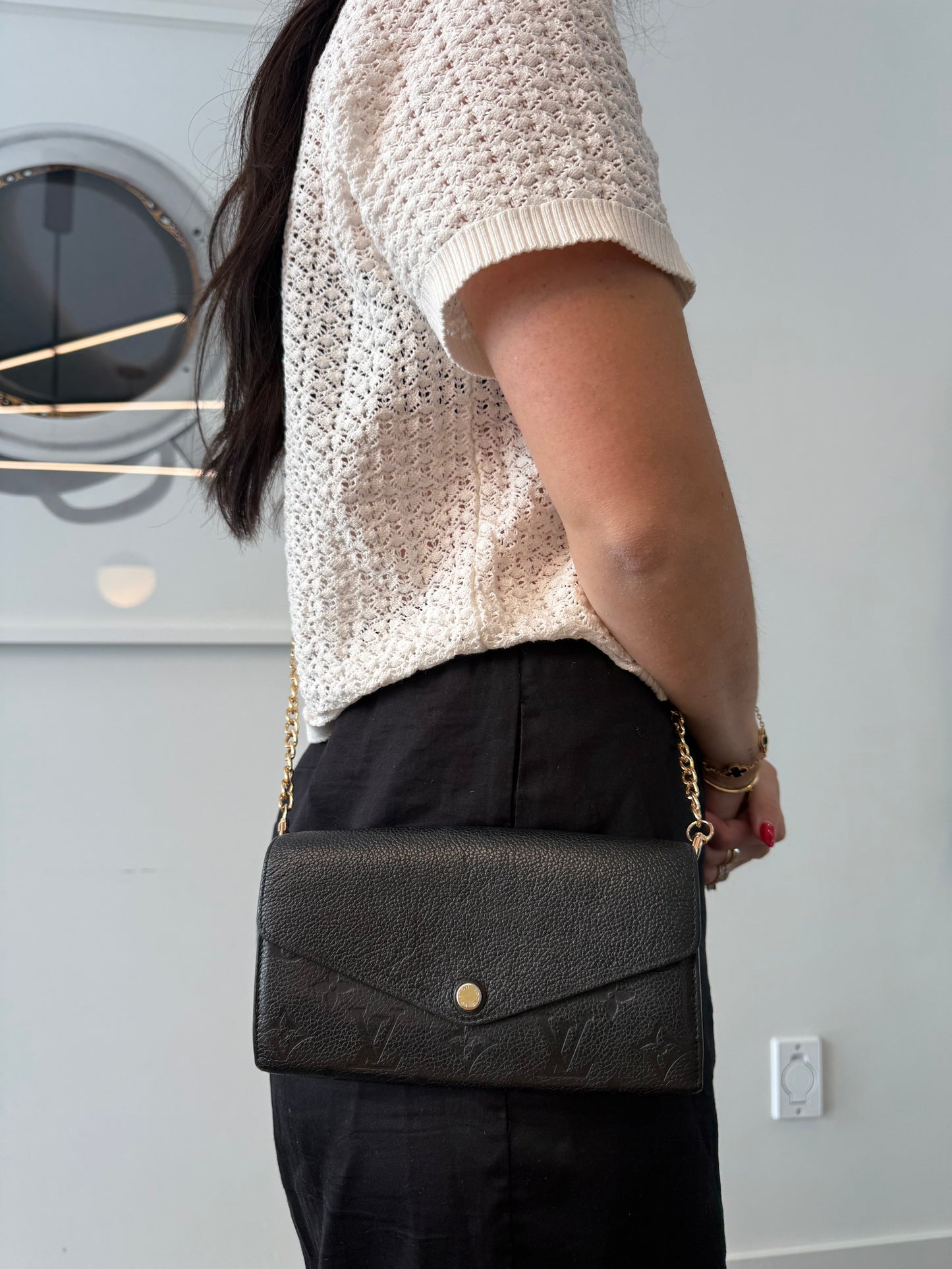 Louis Vuitton Sarah empriente envelope black and gold wallet with added strap ! Fits phones keys cards cash coins