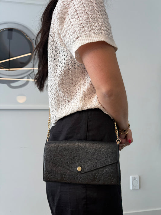 Louis Vuitton Sarah empriente envelope black and gold wallet with added strap ! Fits phones keys cards cash coins
