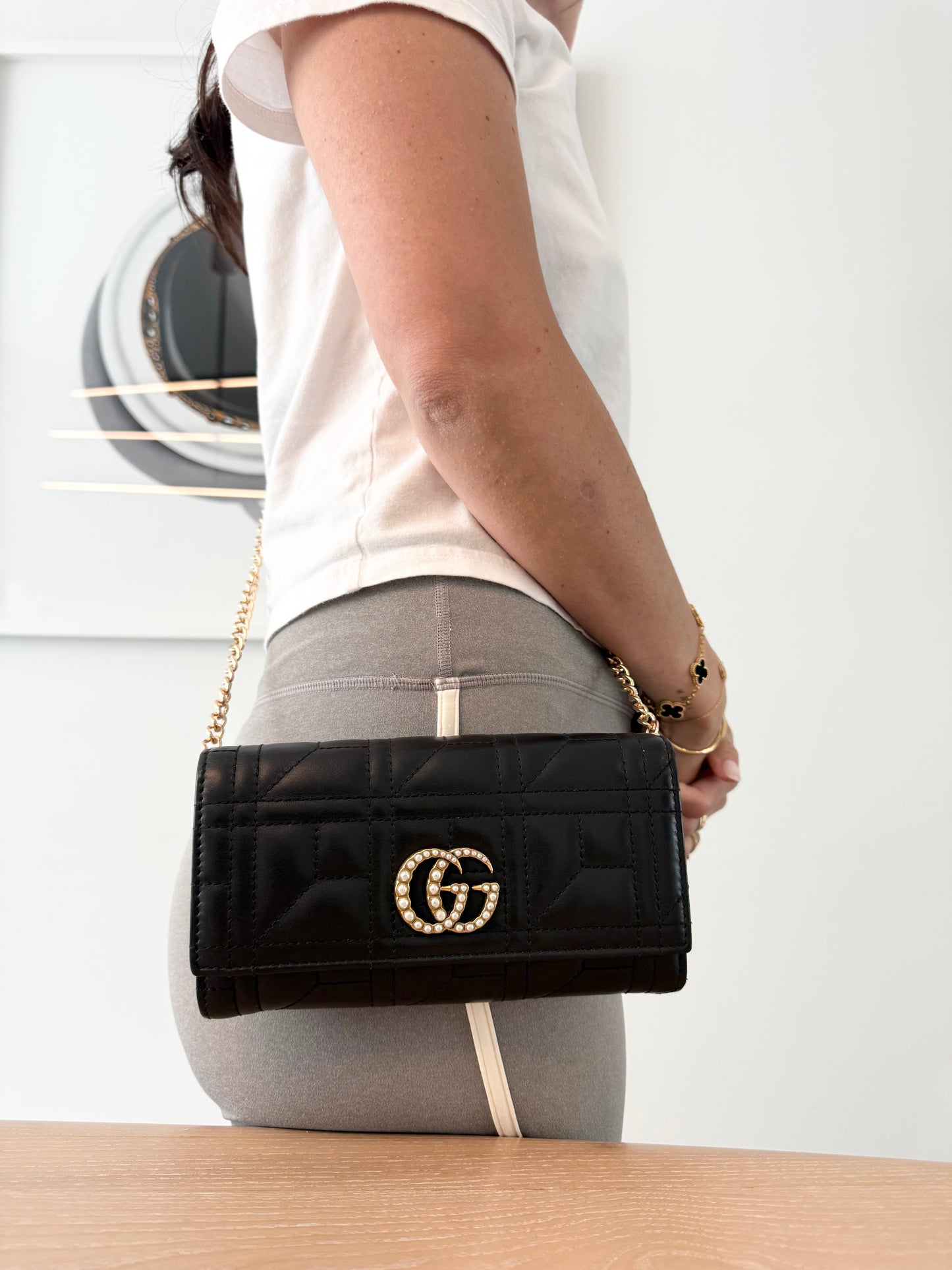 Authentic Gucci Pearl Marmont Rare Flap Xl wallet with added removeable strap in dustbag ! Fits phones cards cash coins etc she’s clean!