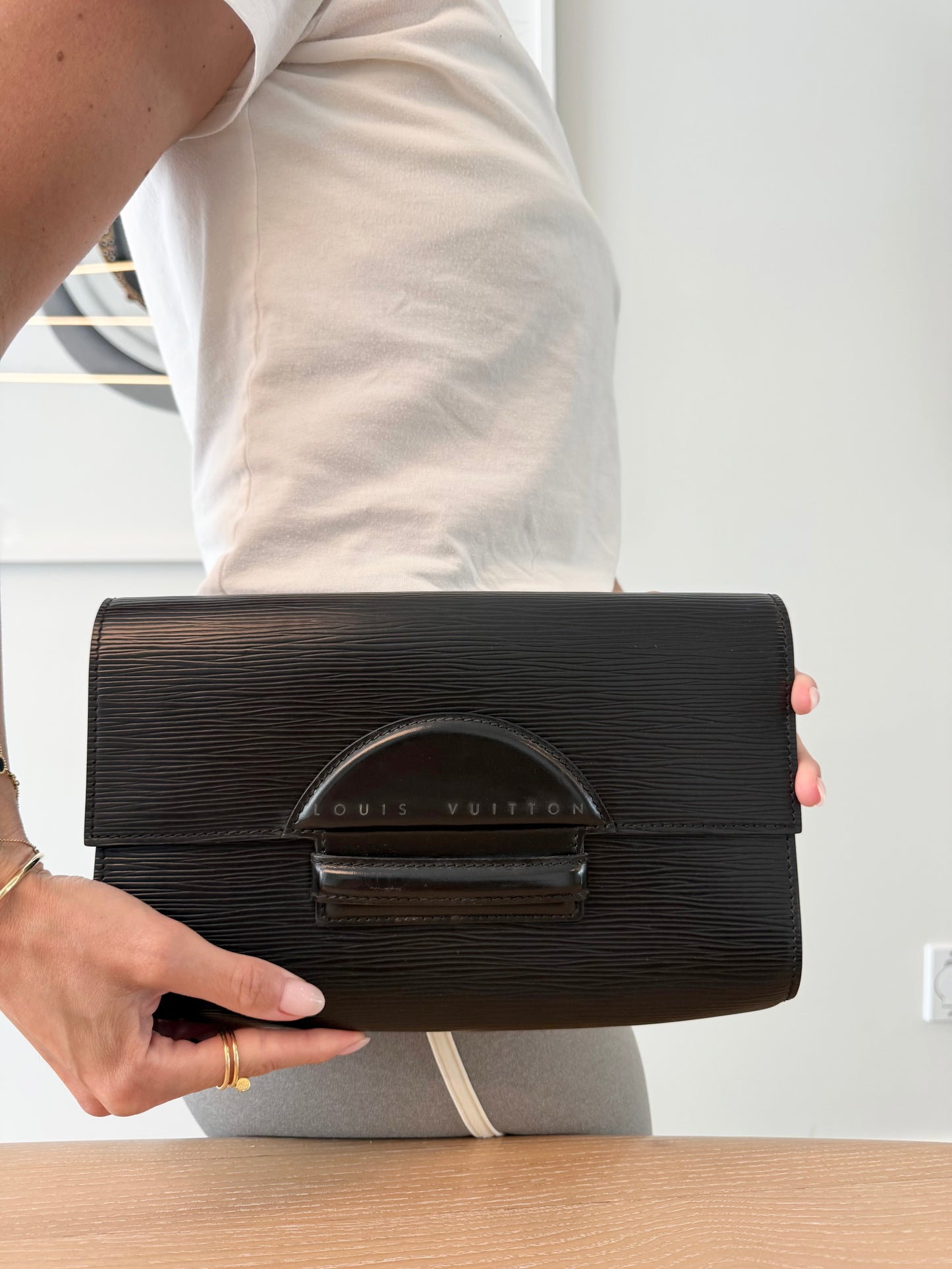 Authentic Louis Vuitton Epi Black / Silver Art Deco Gm crossbody clutch with added removeable strap ! Fits phones makeup cards cash coins wallets etc
