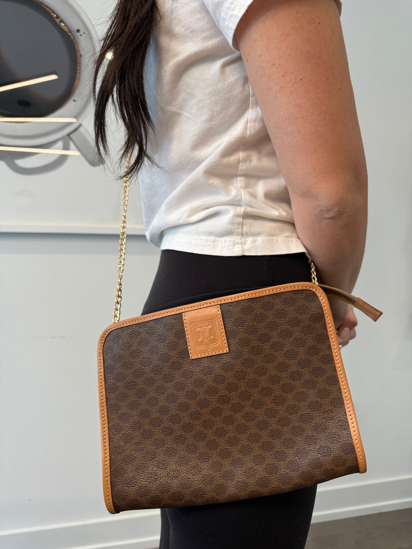 Celine macadam zipper top crossbody with added strap in pristine condition fits phones keys wallet etc
