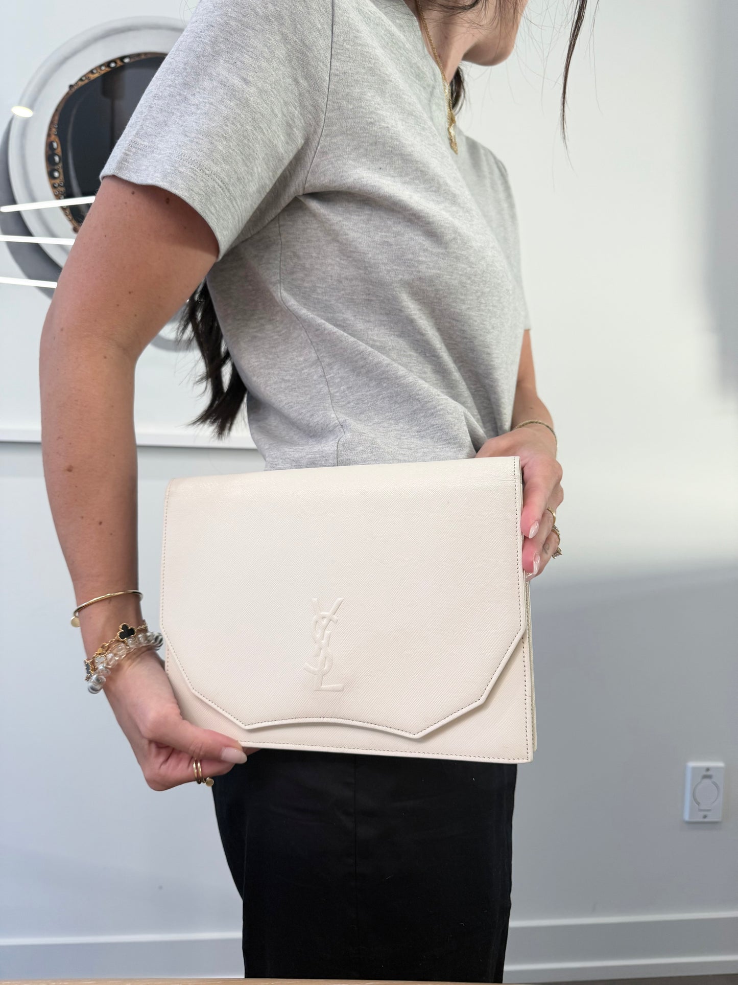 Yves saint Laurent magnetic flap crossbody clutch in white /gold! Fits phones keys wallets makeup etc