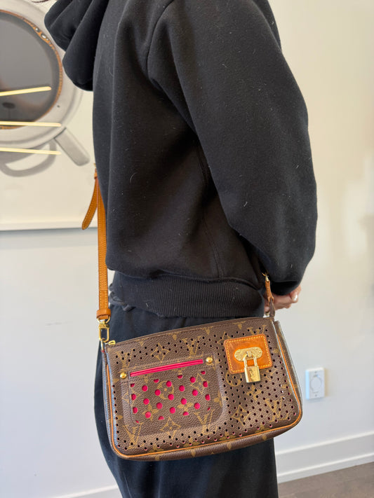 Louis Vuitton Monogram Perforated Pochette Accessoires (Fuchsia) With original adjustable lv strap! 2006 collection designed by Marc Jacob’s!