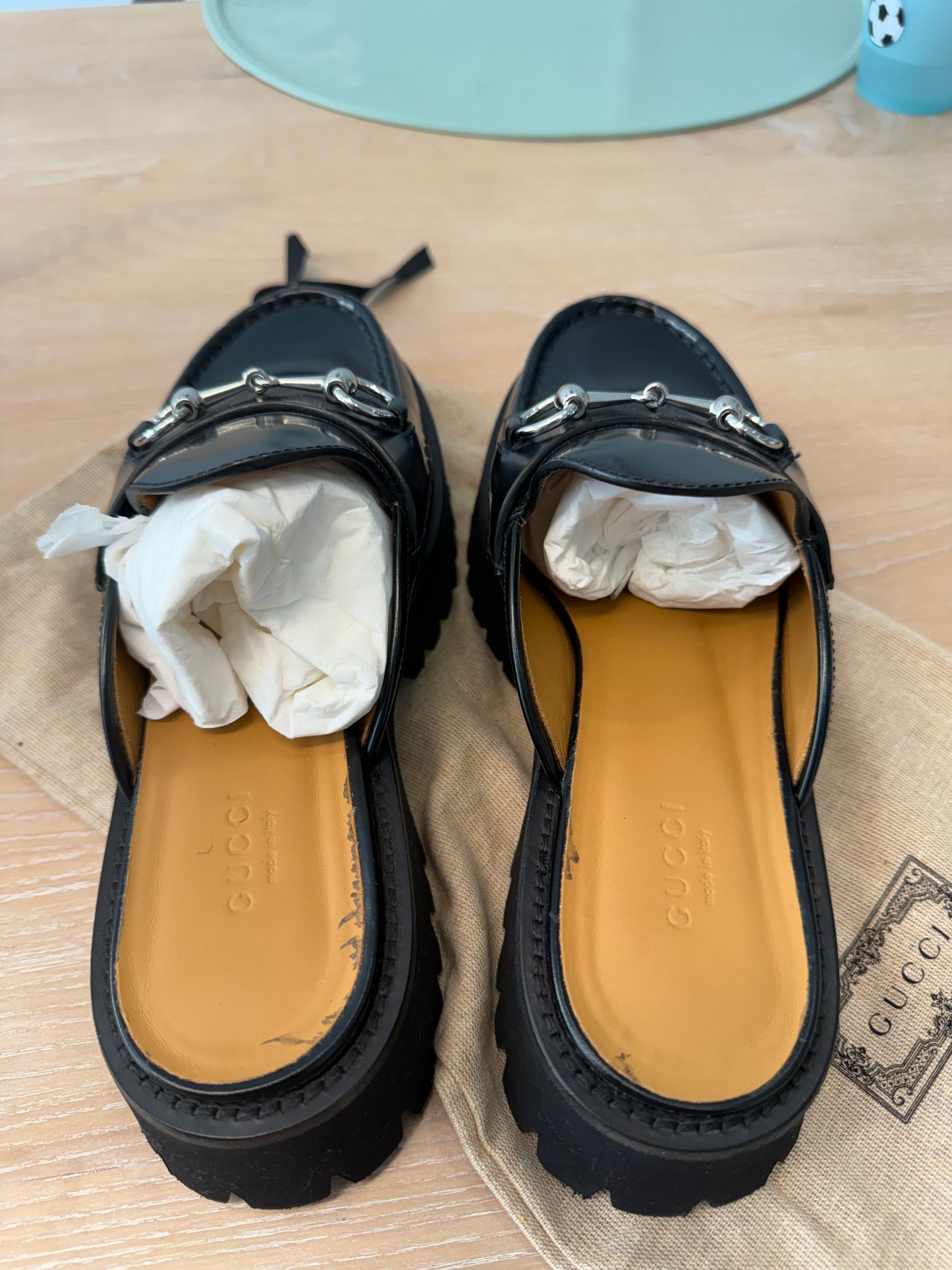 Authentic Gucci Black/ Silver Patent Leather Mule Horsebit brand new in dustbag women’s size 38! Client paid over $1500 with tax ! Never worn !