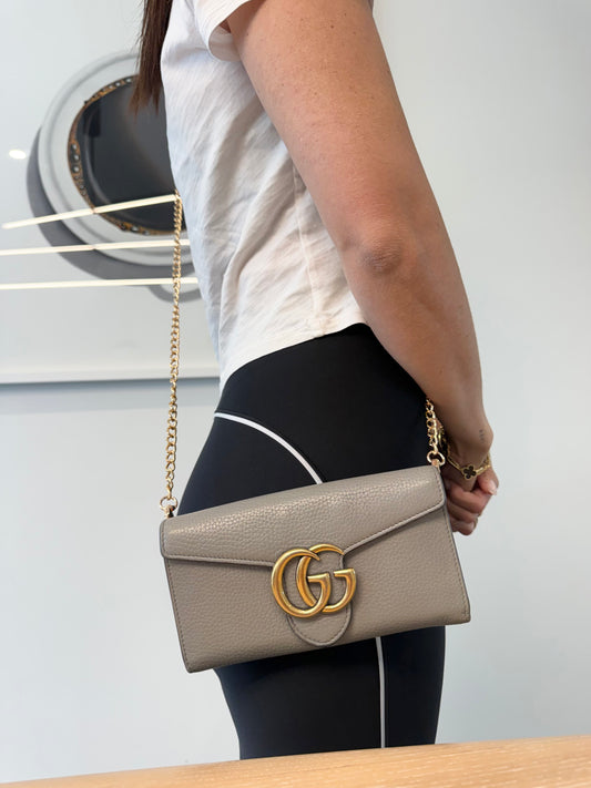 Authentic Gucci Gold / Grey GG Marmont Envelope Wallet in box with added removable strap fits phones cards cash coins etc clean!