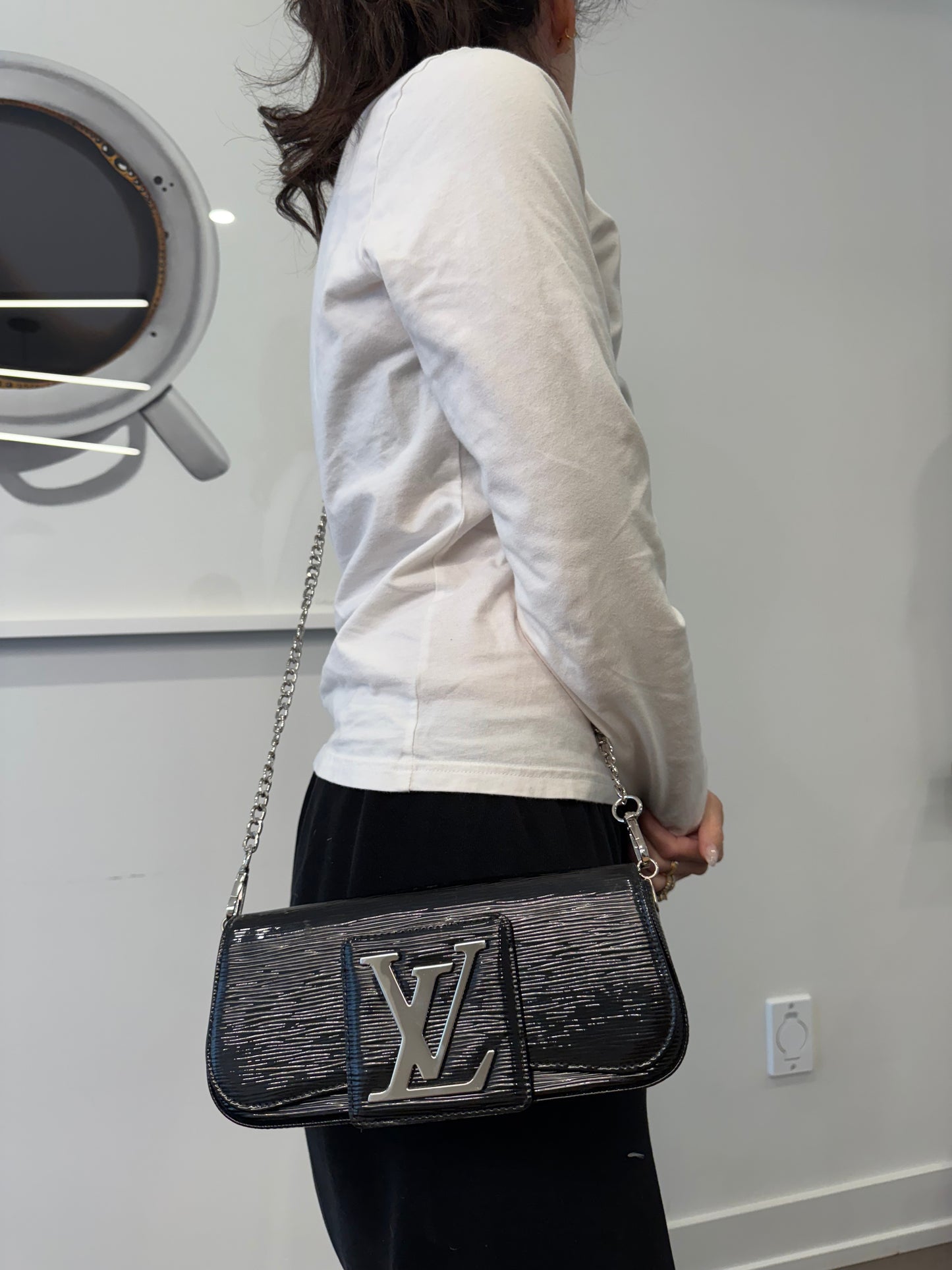 Rare Louis Vuitton sobe black and silver magnetic closure crossbody clutch fits phones wallets keys makeup etc!