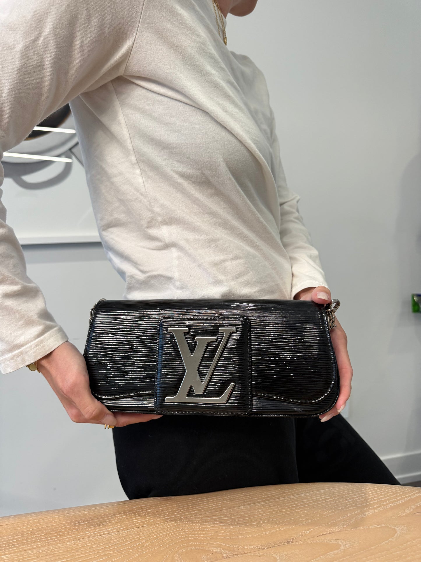 Rare Louis Vuitton sobe black and silver magnetic closure crossbody clutch fits phones wallets keys makeup etc!
