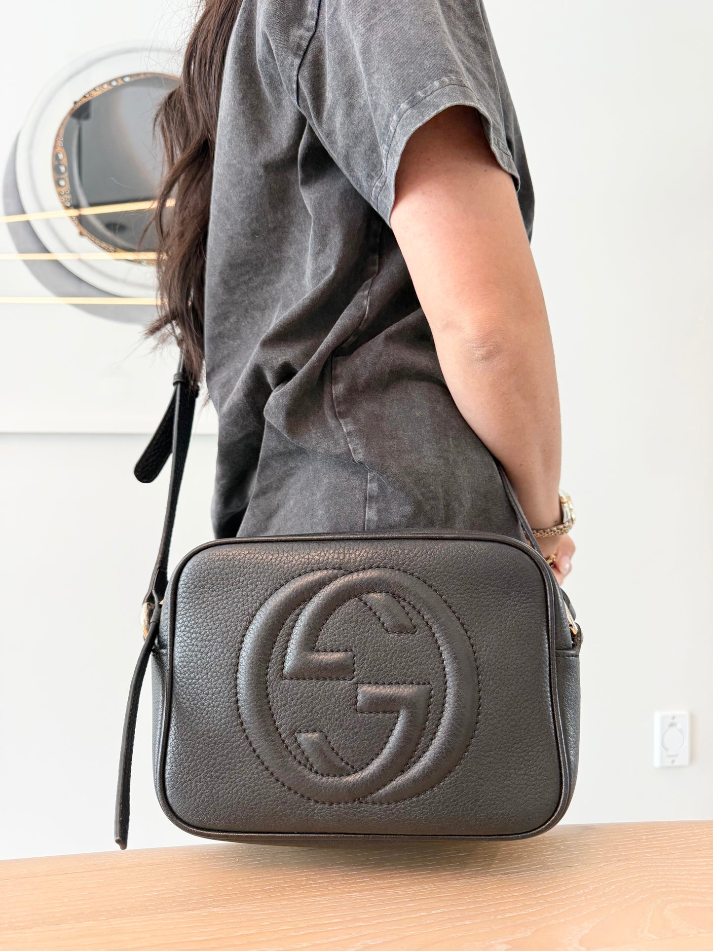 Authentic Gucci Disco Pebbled Black Adjustable Strap Crossbody in dustbag . Pristine condition inside and out !