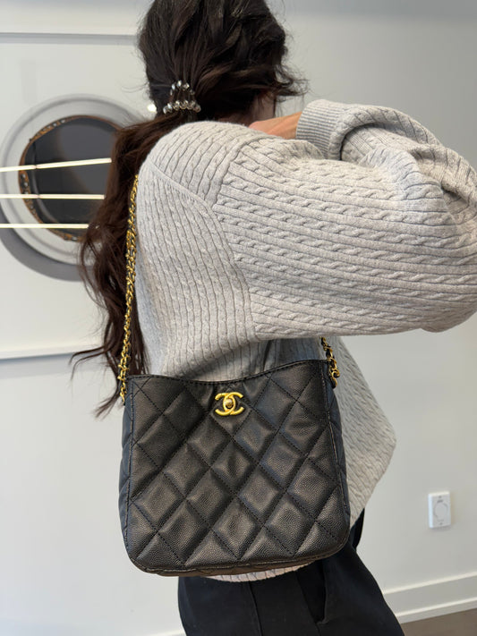 Like new in box ! Rare Chanel makeup vip lock closure shoulder tote ! Fits water bottle keys makeup phones wallets etc ! Black and gold ! Rare vip novelty piece don’t pay 12k in stores