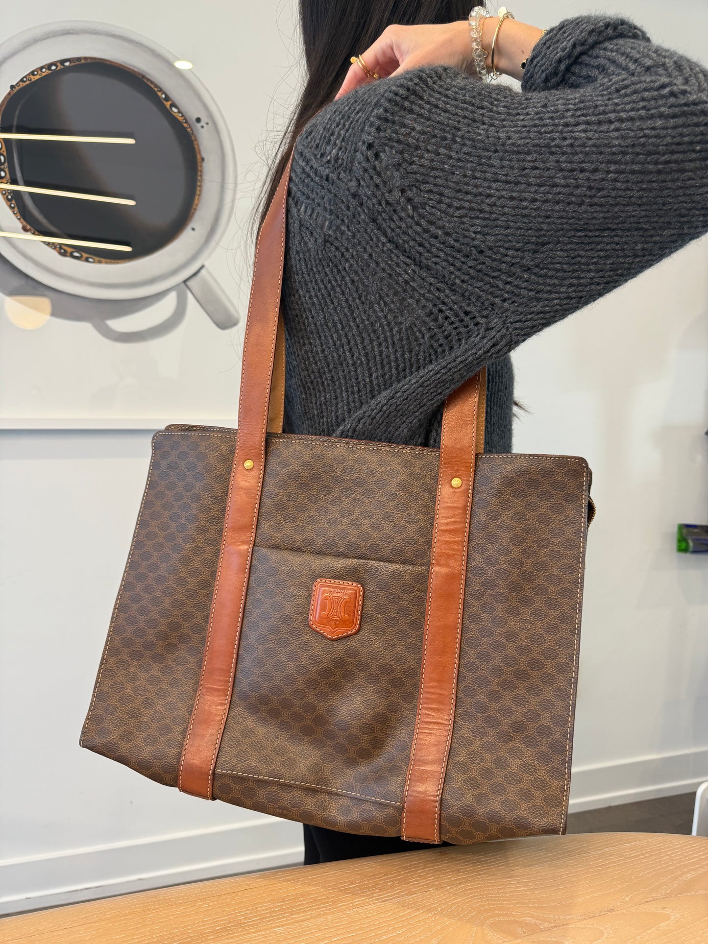 Rare Celine zipper top heavy duty macadam shoulder tote heavy duty ! Laptops etc