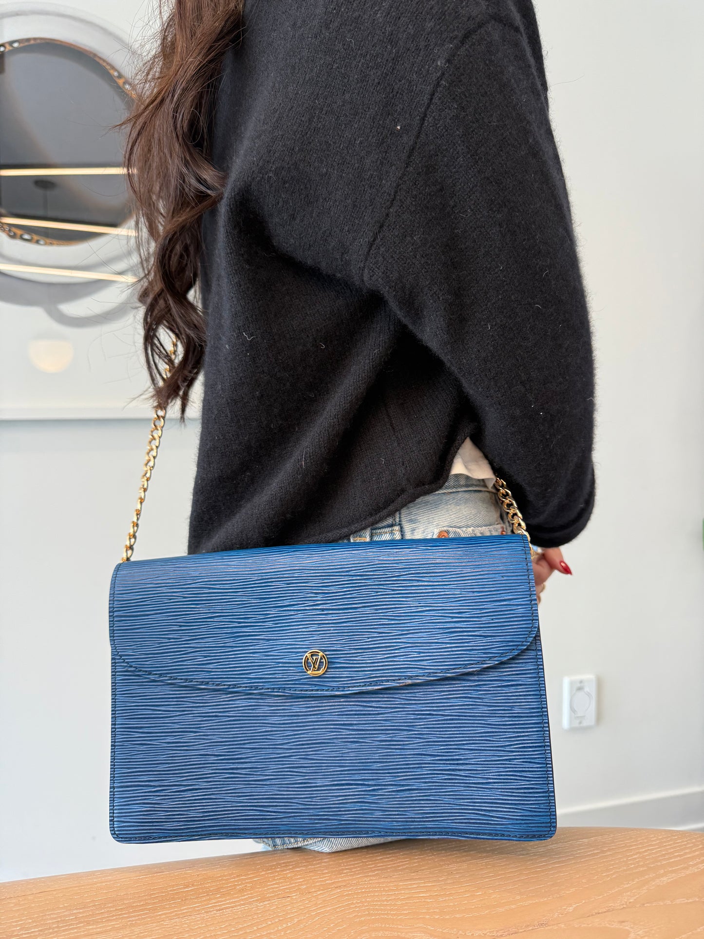 Rare Louis Vuitton epi Montaigne blue /gold crossbody clutch with added strap! Fits phones wallets keys makeup etc gorgeous condition